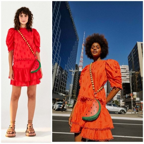 FARM RIO Orange Red 3D Pineapple Cotton Lambada Mini Embroidered Summer Skirt - Picture 1 of 10